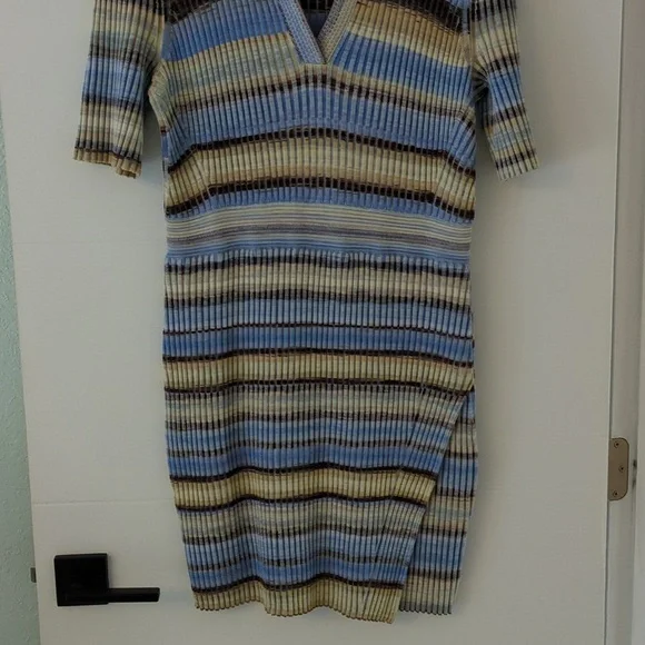 Simkhai Solana French Blue Ribbed Collared Knit Body Cone Preppy Knee Dress XL - Picture 6 of 12